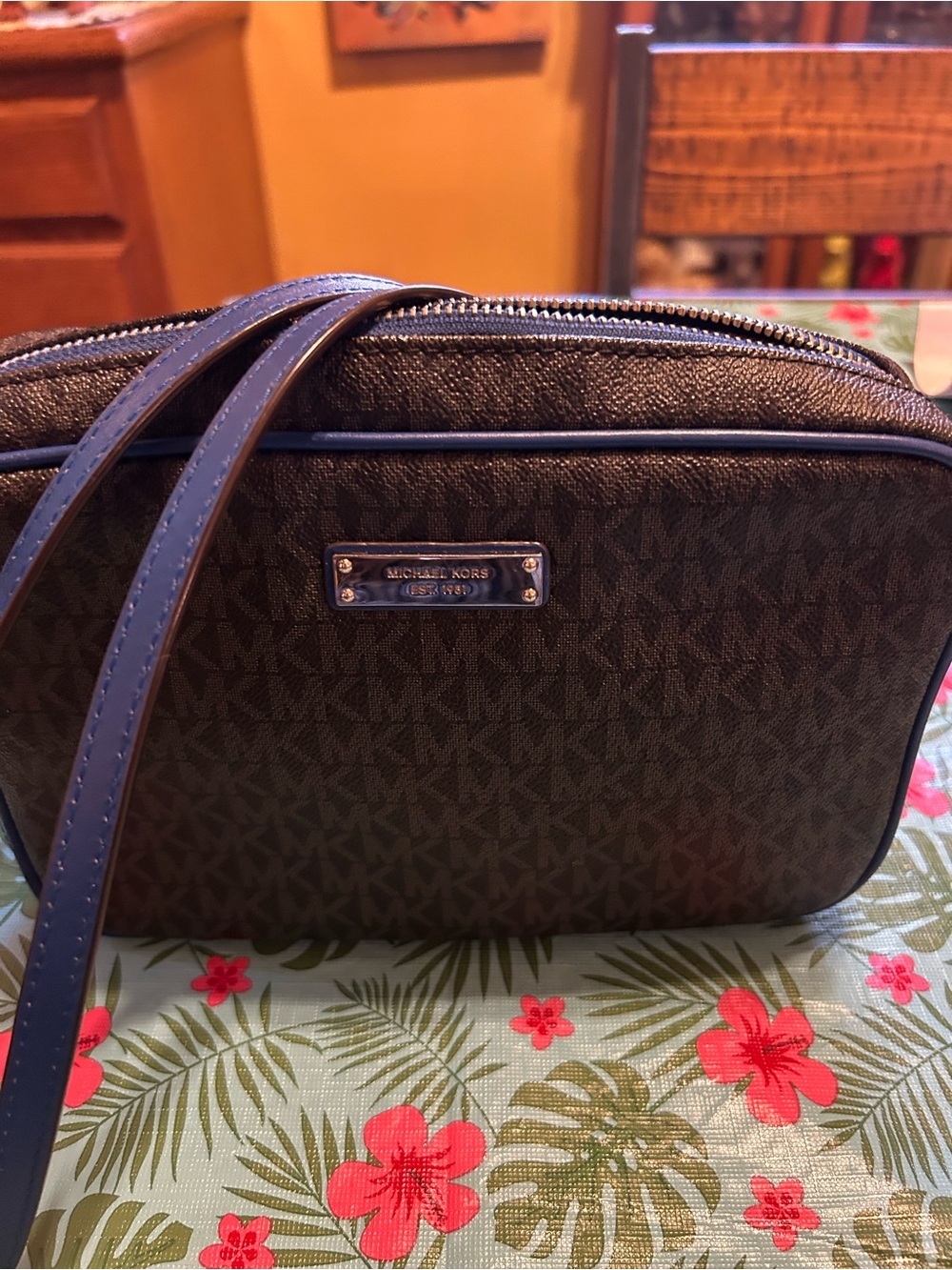 Michael Kors Brown Logo Crossbody with Navy Trim